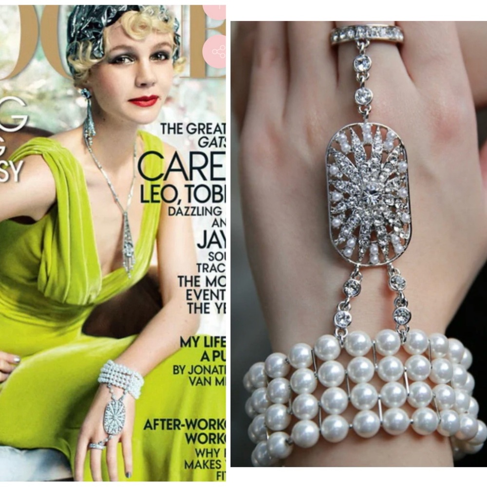 Pearl and Crystal Drop Hand Bracelet - Silver and White